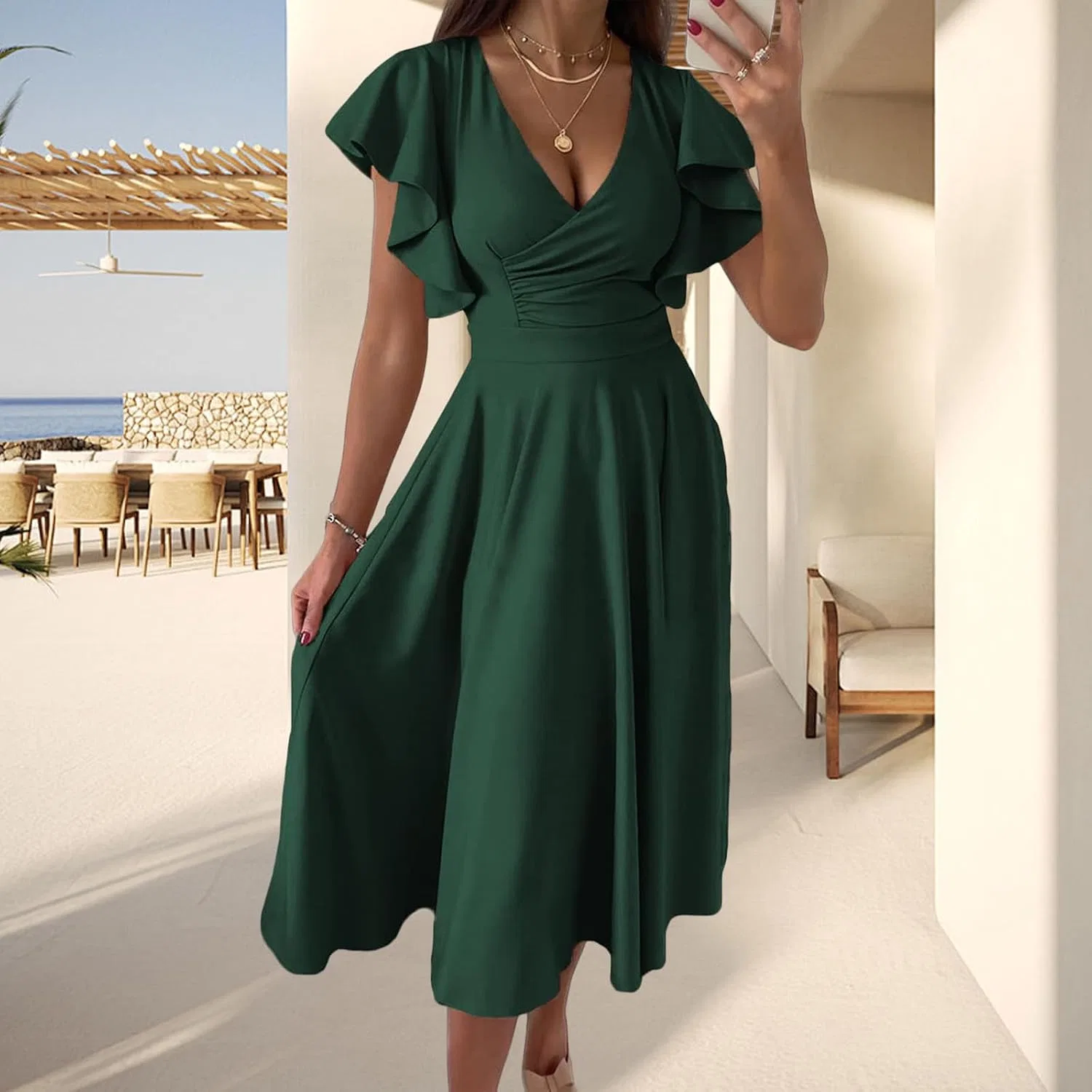 Женское A-силуэта коктейльное платье с V-образным вырезом и воланами, Dark Green — фото 2