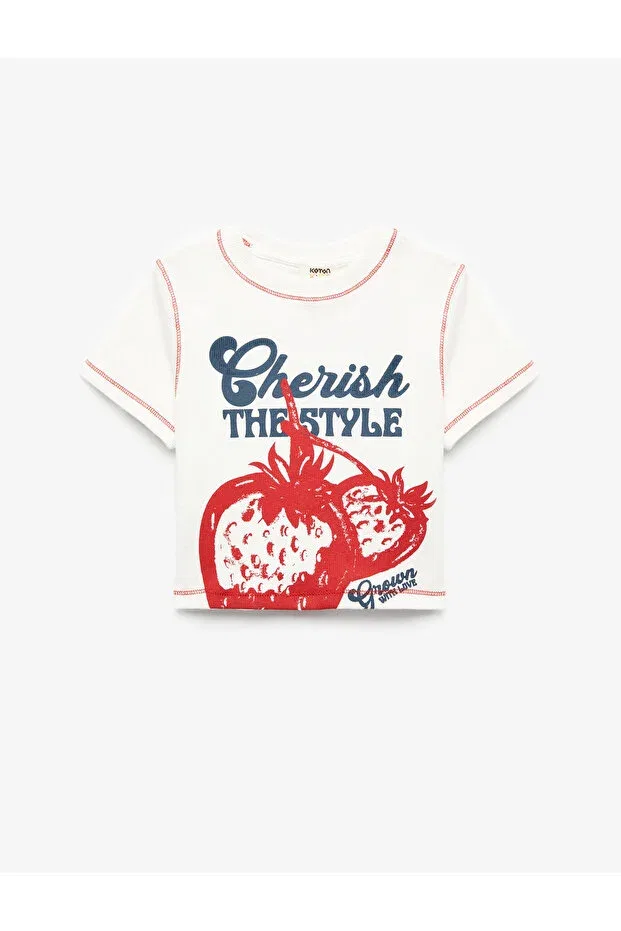 Детская футболка с принтом Crew Neck Short Sleeve Strawberry Printed Crop T-Shirt Koton, Ecru