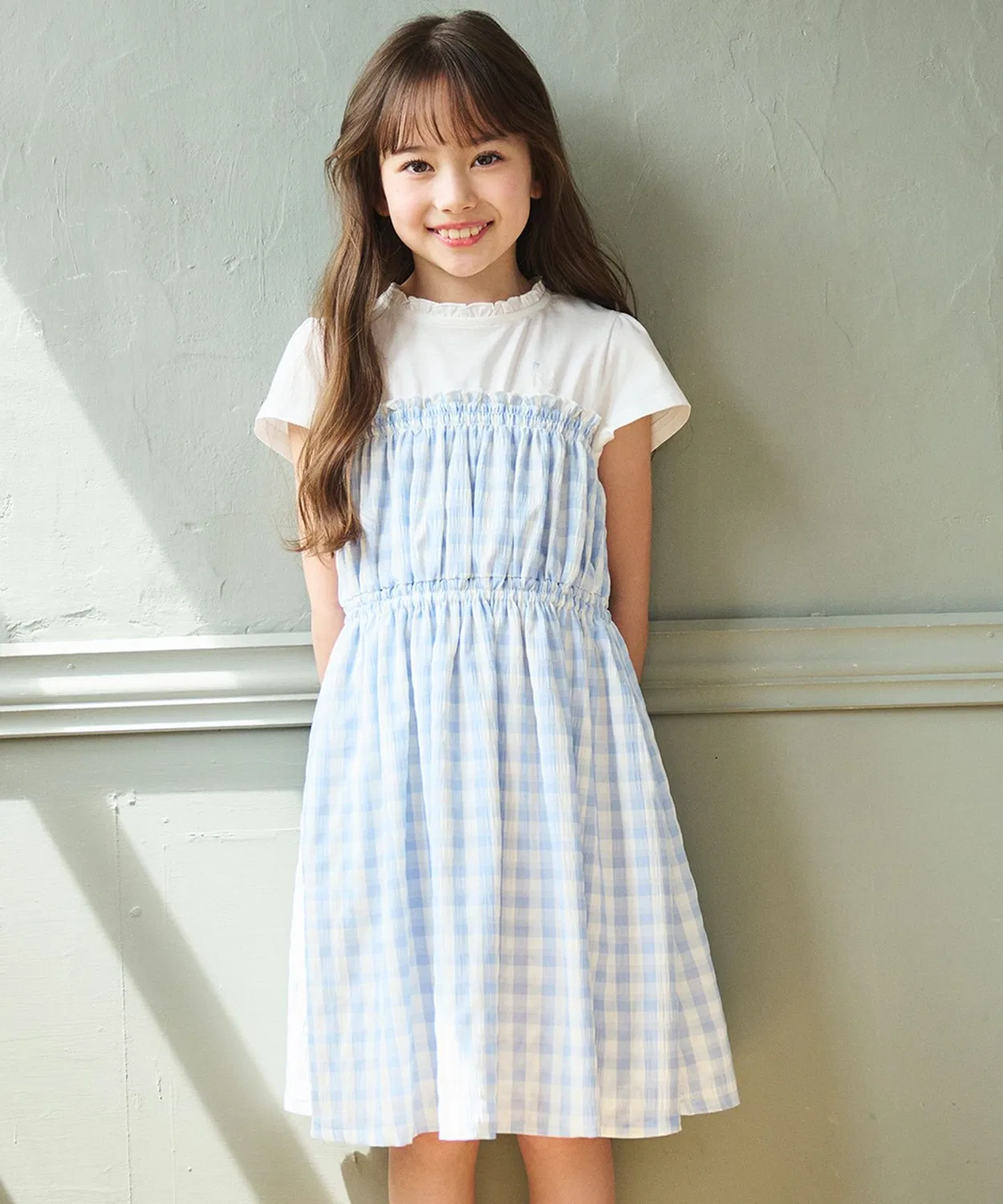 Детское платье с длинным рукавом модель Gingham Shirring Kumikyoku KIDS, Sax Blue
