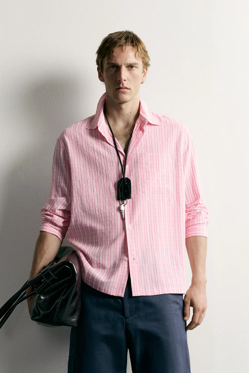 Рубашка свободного кроя в клетку с текстурой ZARA, Pink — фото 2