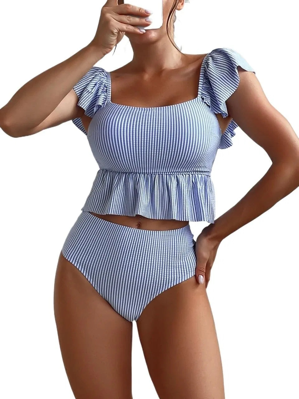 Женский купальник танкини с рюшами, Blue and White