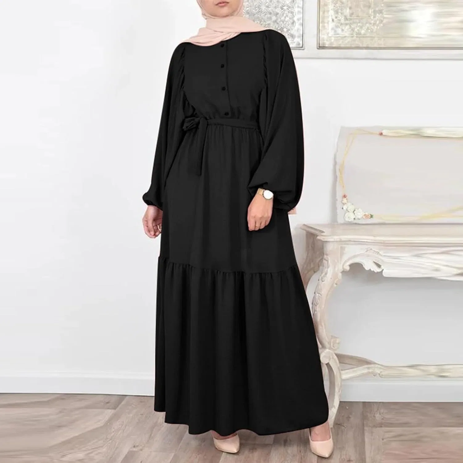 Женское платье-кафтан с длинным рукавом, Floral Long Maxi, чёрный — фото 2