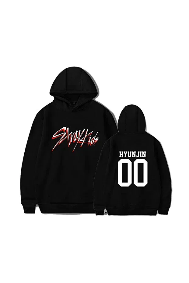 Детская толстовка для девочек с принтом Straykids band printed hooded pocket sweatshirt with 3 threads Magors, Black
