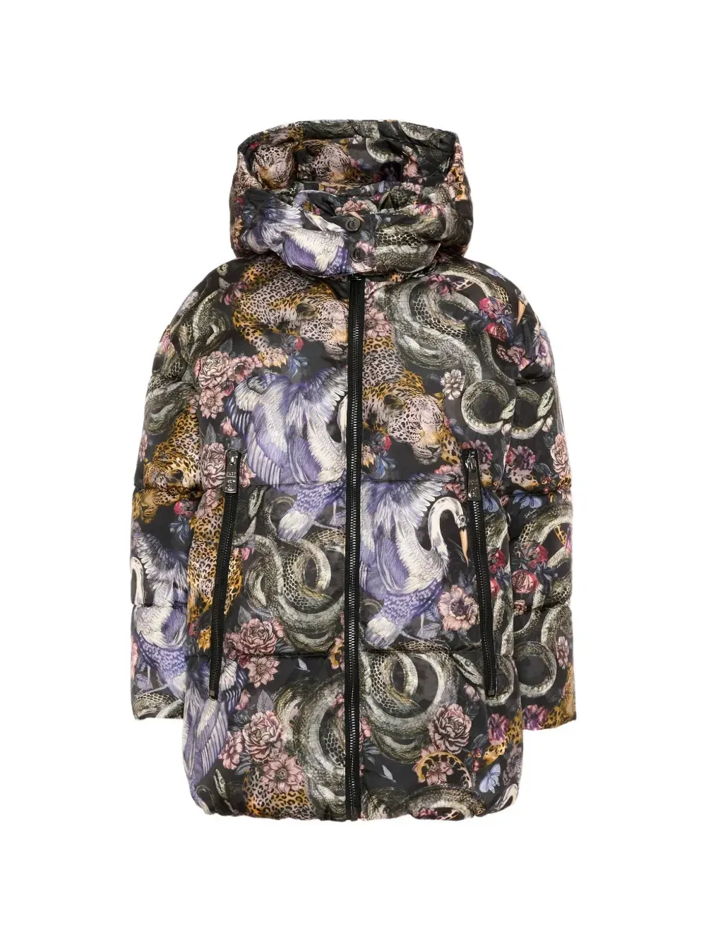 Пуховик с анималистичным принтом Just Cavalli Kids, черный