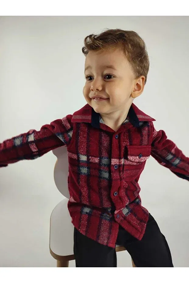 Детская рубашка для мальчиков с длинным рукавом Classic Long Sleeve Relaxed Fit Single Pocket Striped Winter Boy Lumberjack Shirt Gamzeakkuş, Red — фото 2