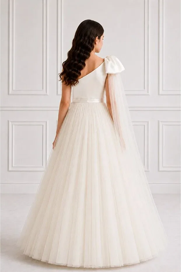 Детское платье для девочек с бантом One Shoulder Bow Detailed Puffy Tulle Princess Madyabutik, Ecru — фото 2