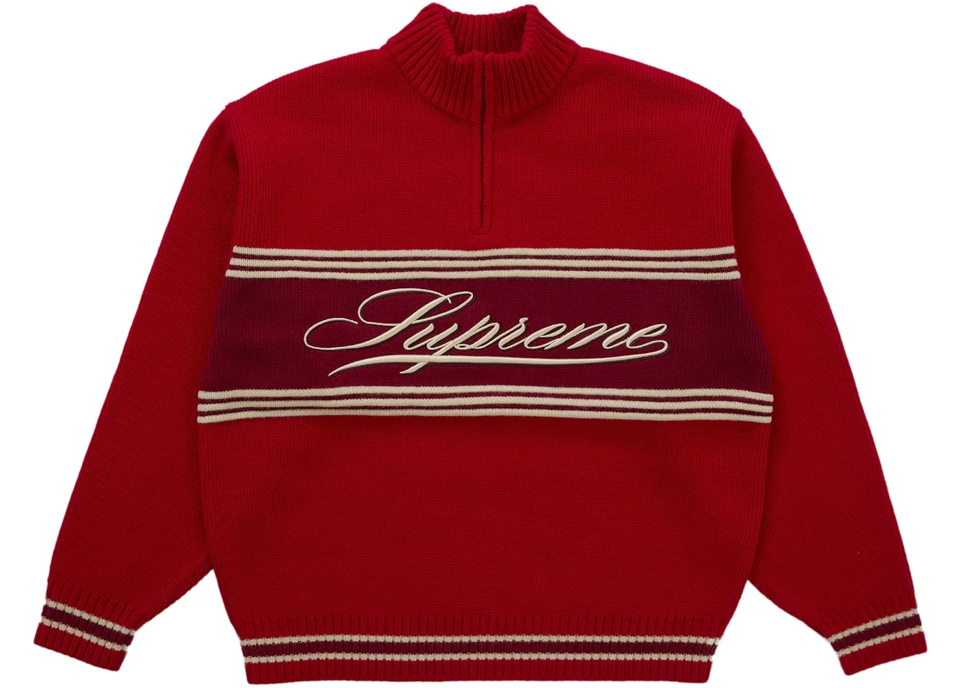 Мужской свитер с полосками Supreme Script Stripe Half Zip Sweater Supreme, Red