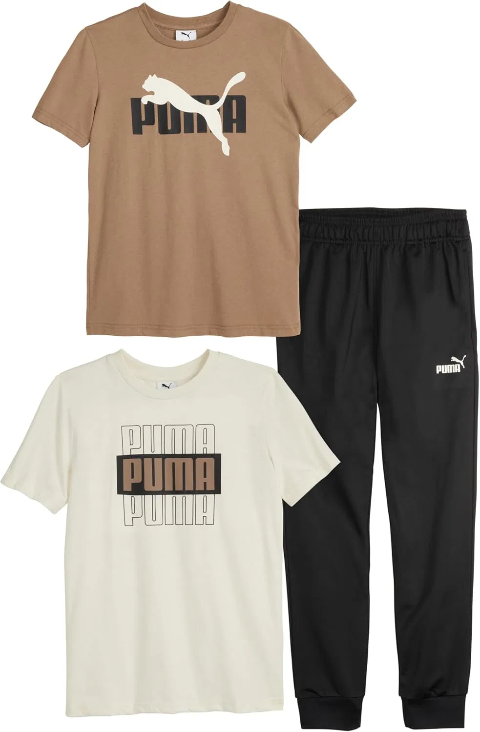 Детский комплект PUMA из 3 предметов: футболка с коротким рукавом из хлопкового трикотажа и соответствующие трикотажные брюки, серо-коричневый