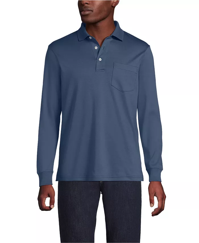 

Большая и высокая длинная рубашка поло из хлопка супима с карманом Lands' End, синий