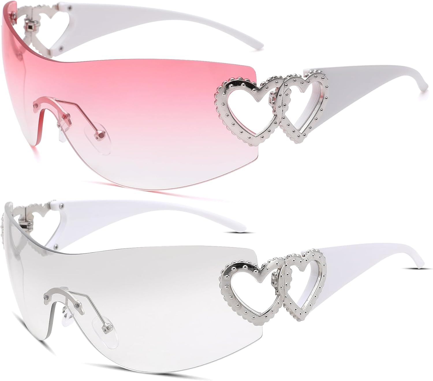 

Солнцезащитные очки COASION Wrap Around Y2K без оправы для женщин и мужчин, большие, модные, в стиле 2000-х, с козырьком-щитком, C3* White/Gradient Silver + White/Gradient Pink - 2 Pack