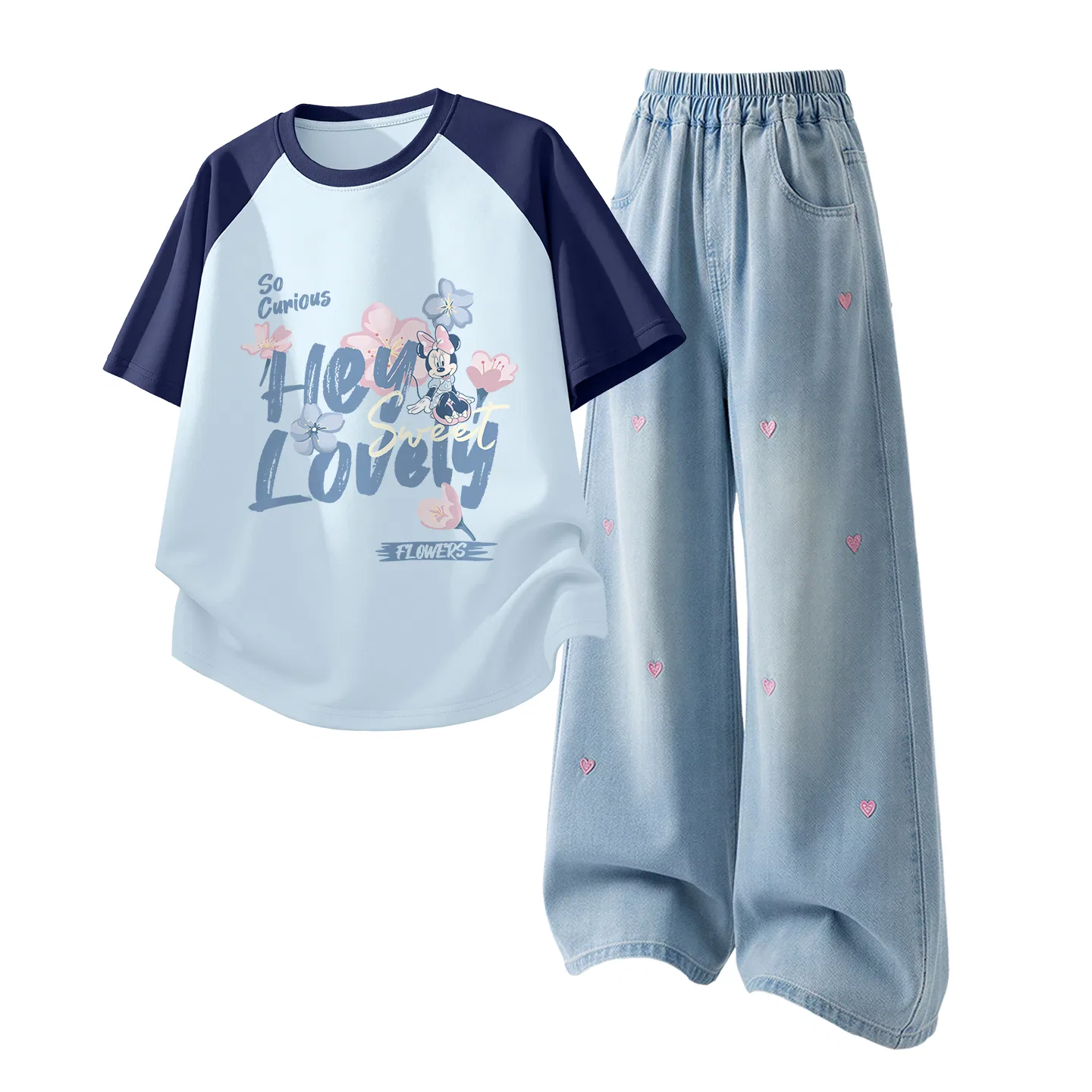 Детская повседневная спортивная футболка с круглым вырезом Disney, Didi Star K Purple White+Solid Color Denim Light Blue — фото 3