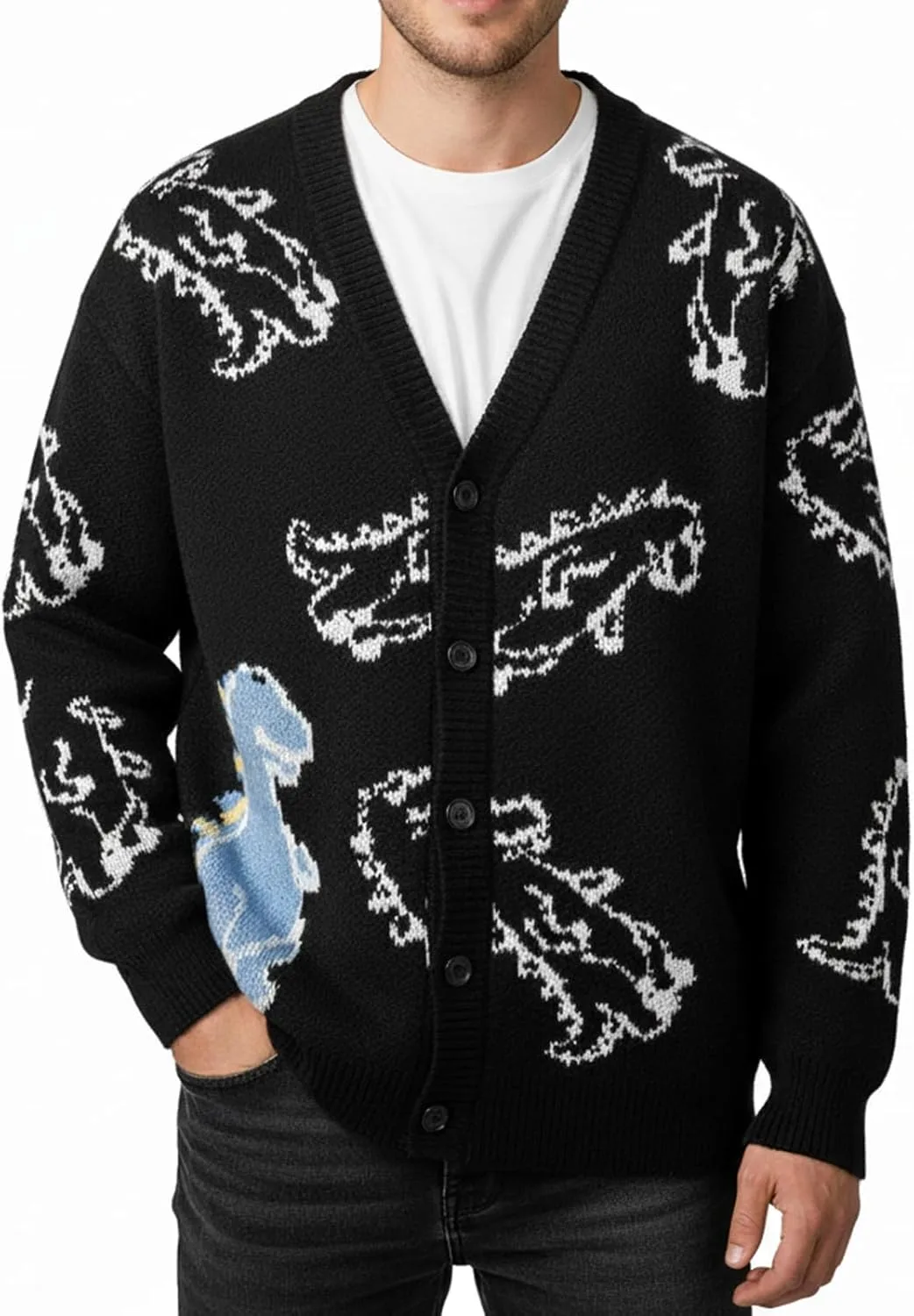 

Мужской кардиган с V-образным вырезом — принт Dinosaur, на пуговицах, мягкая теплая вязка для осени/зимы yoomens