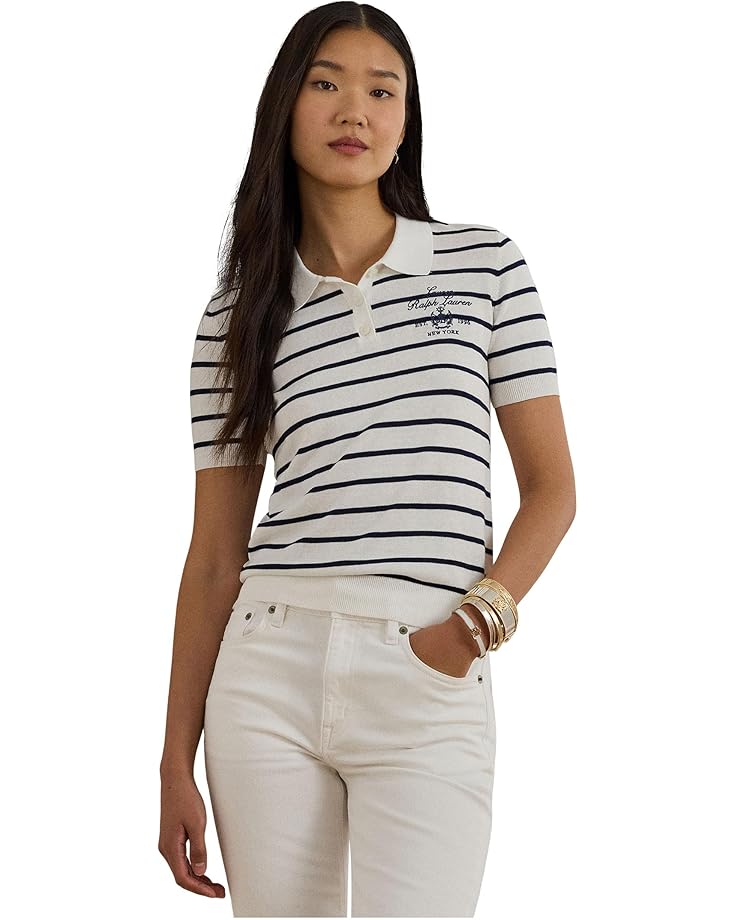 

Женский свитер-поло Lauren Ralph Lauren в полоску из хлопковой смеси, White/Refined Navy