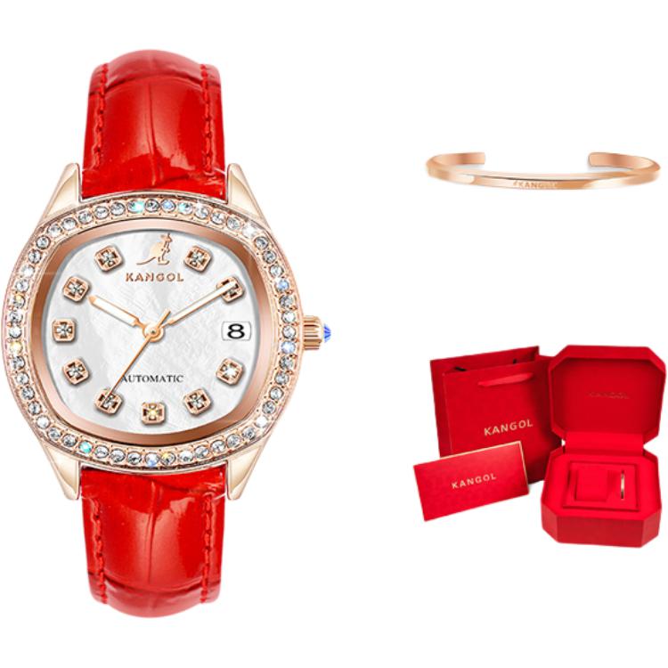 

KANGOL Часы Mechanical Movement Leather Watch Bands Watch Women's Watch Mother-of-Pearl Color Watch Dial, Red Elf[Lover's Bangle Red Heartfelt]