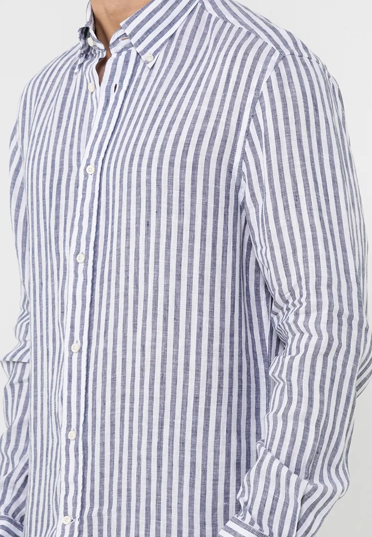 Рубашка с полосками из льна, с длинным рукавом Tommy Hilfiger, белый/темно-синий — фото 3