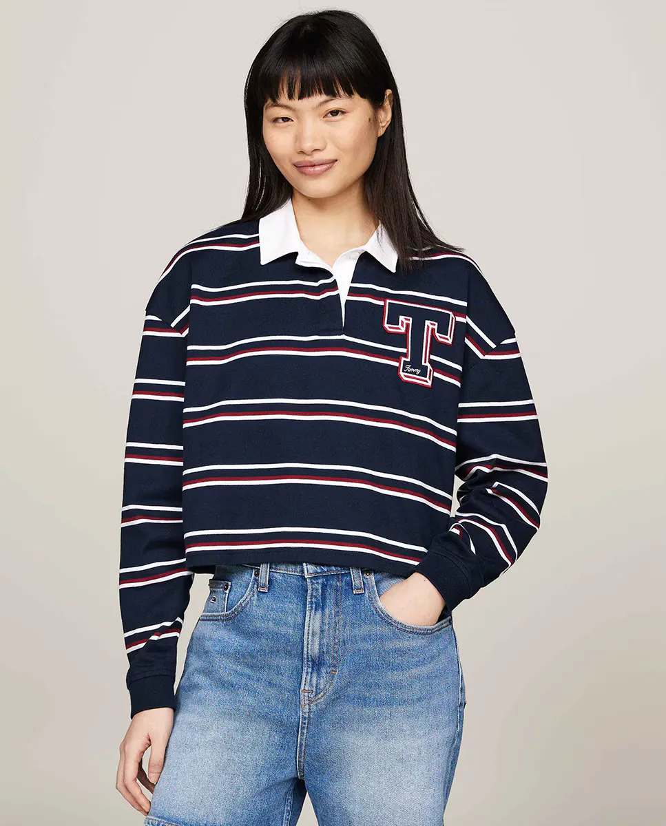 

Полосатая женская рубашка-поло с длинными рукавами Tommy Jeans, темно-синий