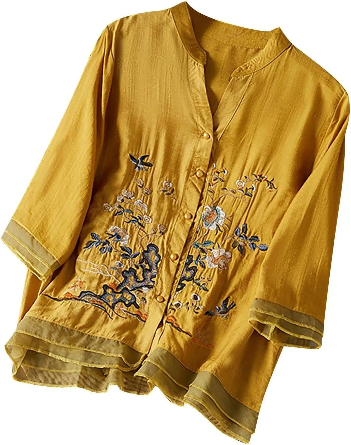 Блуза с вышивкой, льняная, женская, бохо, 3/4 рукав, туника, желтый