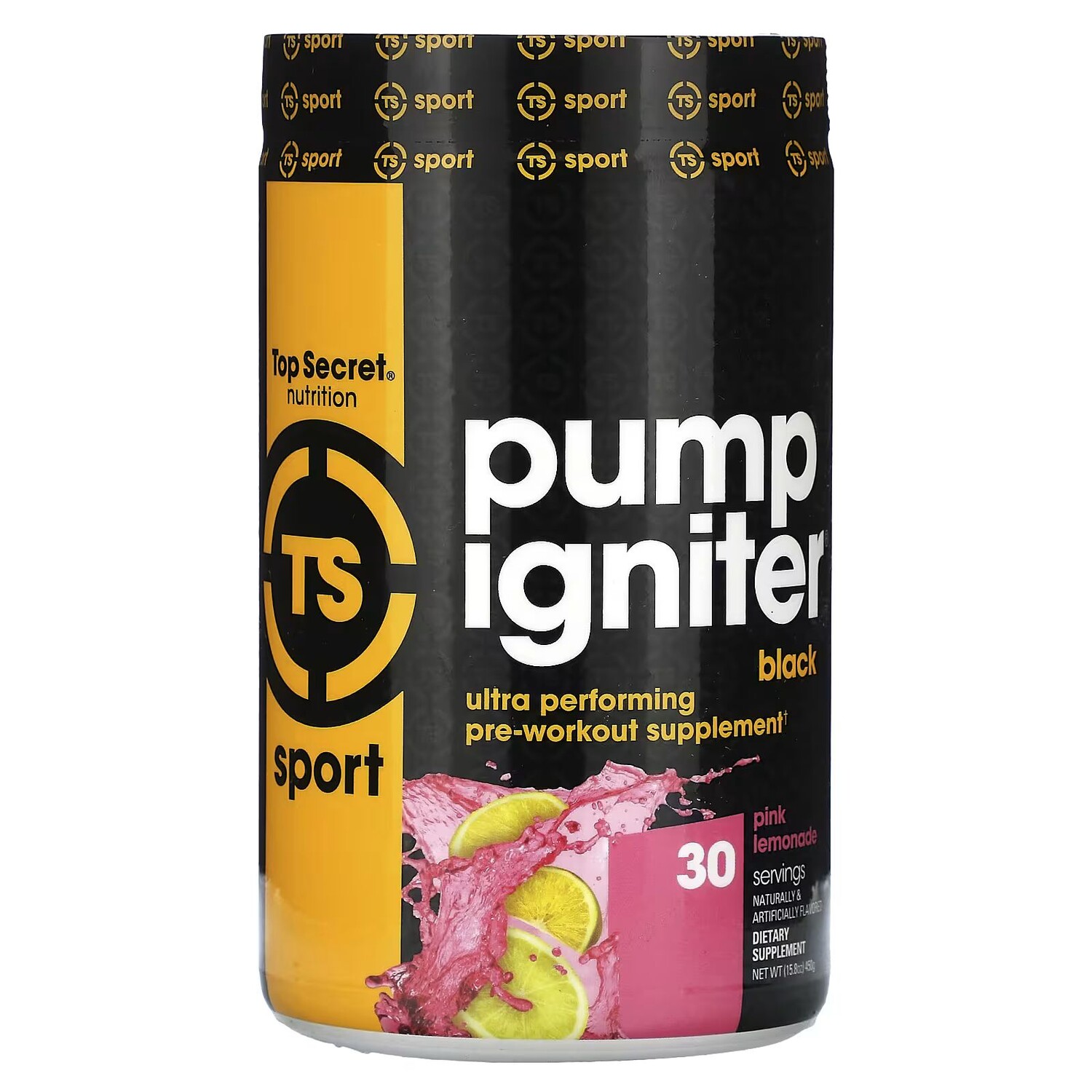 

Sport, Pump Igniter Black, Ультраэффективный Предтренировочный комплекс, розовый лимонад, 15,8 унции (450 г) Top Secret Nutrition