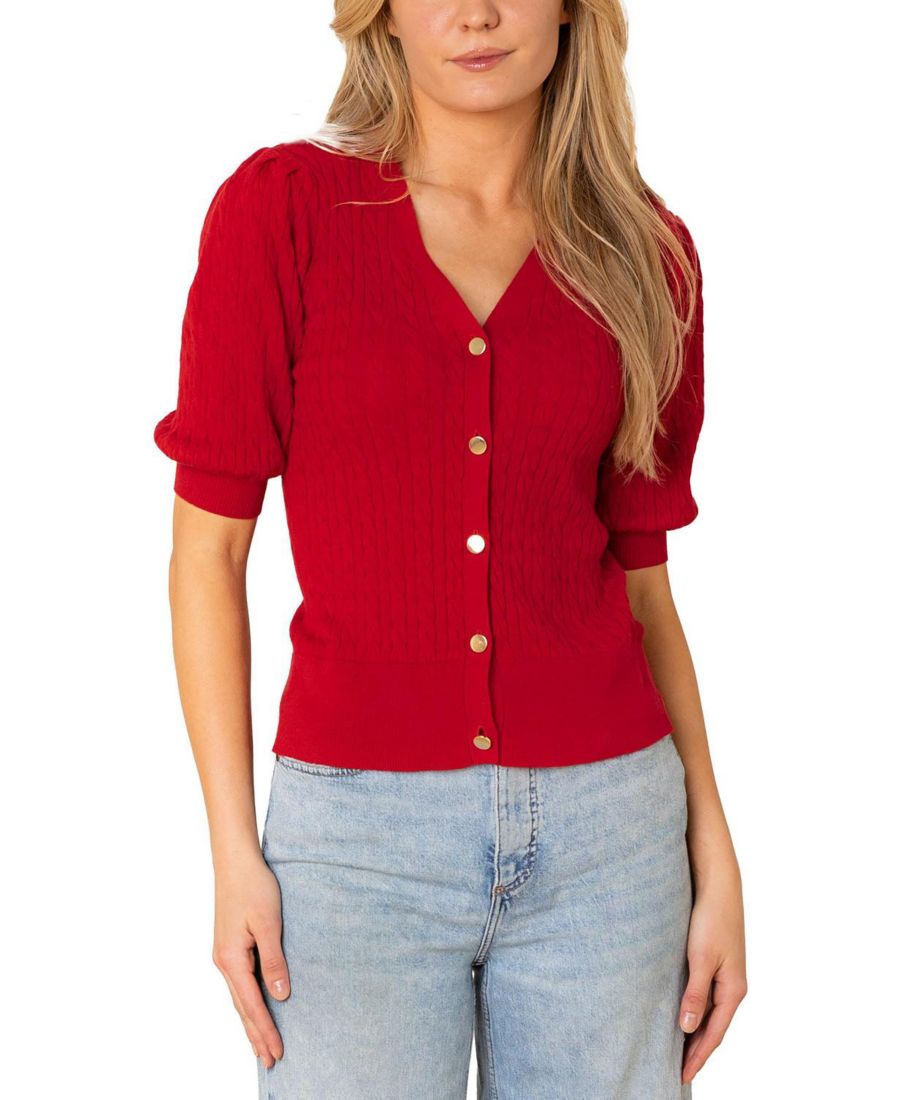 

Женский свитер из органического хлопка с пышными рукавами и застежкой на пуговицы спереди Hope & Henry, Red cable