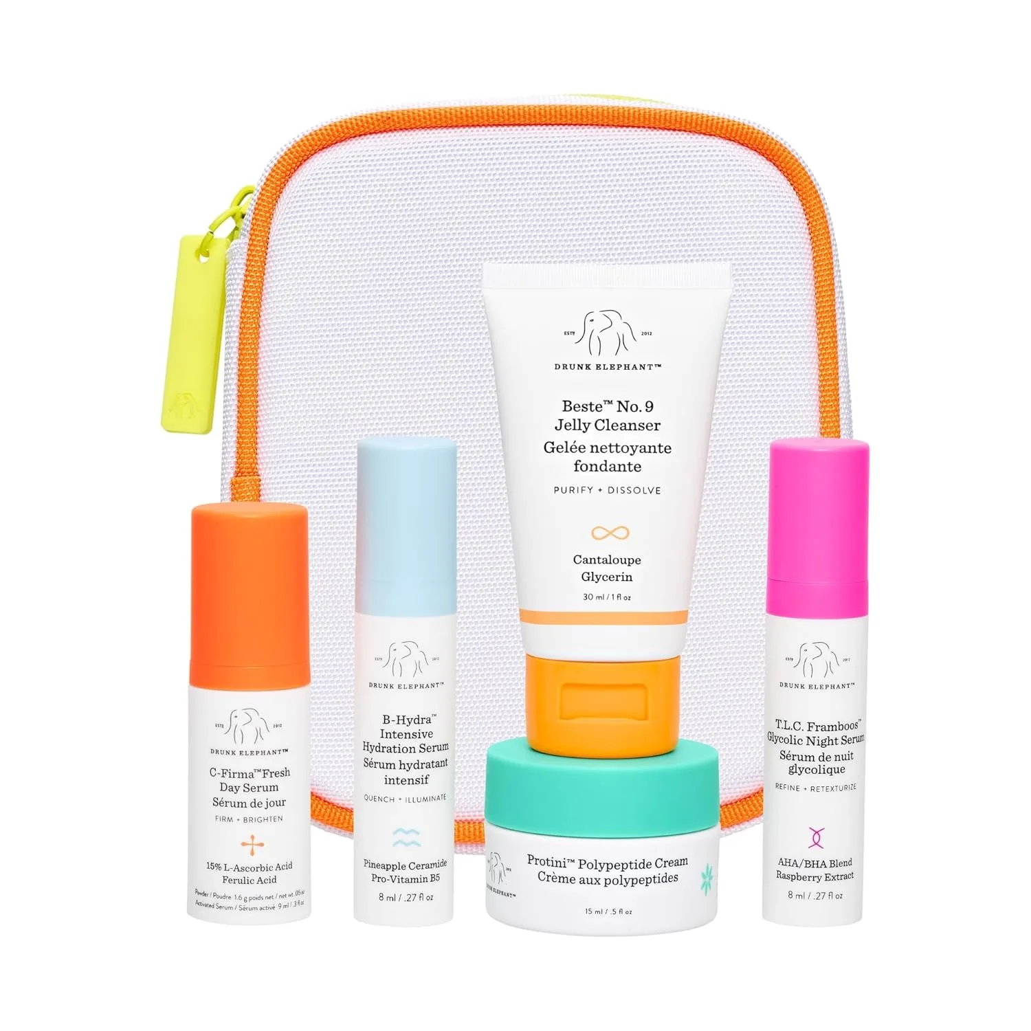 Drunk Elephant The Littles Kit - 5 средств для ухода утром и вечером в дорогу, чистая клиническая косметика, без жестокости, тестировано дерматологами, без эфирных масел, силиконов и отдушек