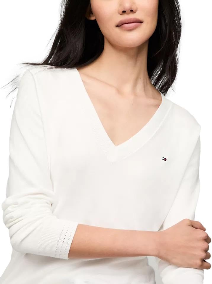 Женский легкий свитер Tommy Hilfiger Classic Fit с V-образным вырезом, The Milky Way. — фото 3