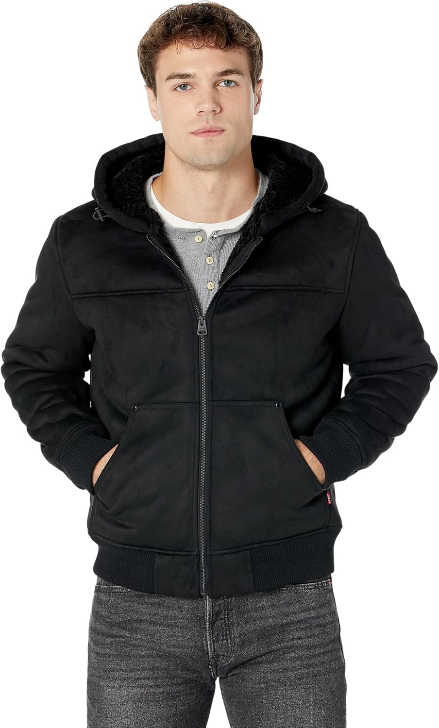 

Мужская куртка-бомбер Levi's из искусственной кожи с капюшоном и отделкой из коровьей кожи, Black Faux Shearling