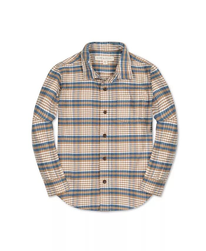 

Рубашка на пуговицах из органической клетчатой ​​ткани с длинными рукавами и заплатками на локтях для маленьких мальчиков Hope & Henry, коричневый