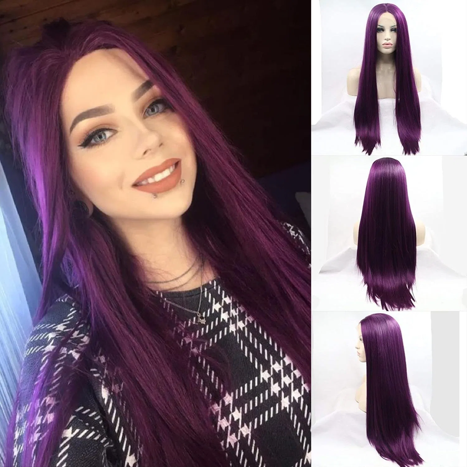 Длинный прямой синтетический парик с кружевной передней частью Rainahair, Purple