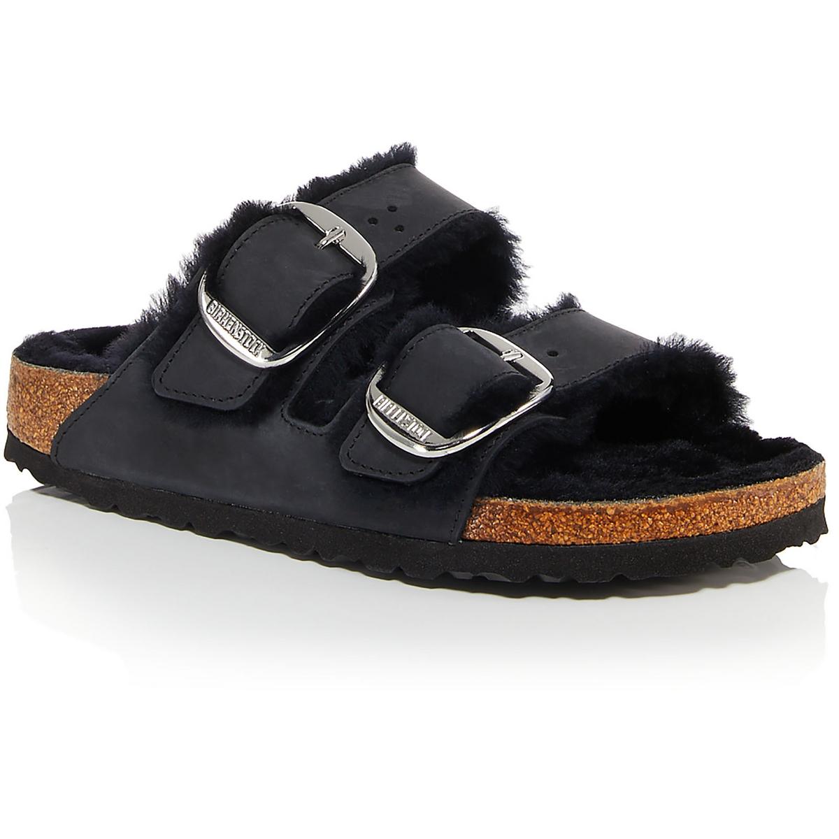 

Сандалии Arizona Big Buckle Shearling Mens Leather Footbed Slide Birkenstock, черный