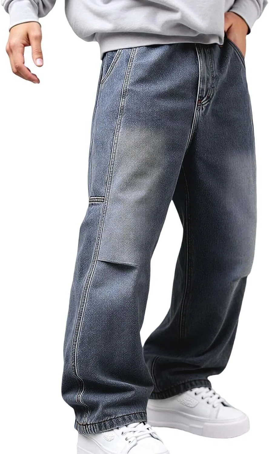 Джинсы широкие Men's Baggy Hip Hop Jeans 2026 Y2K Casual Vintage Wide Leg Skater Denim Pants Loose Fit Long Trousers Denim Streetwear, Dark Blue — фото 3