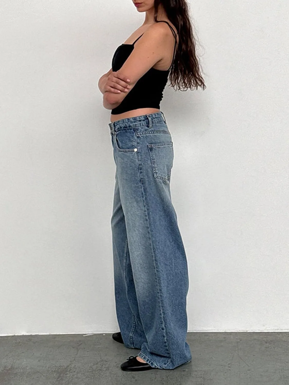 Женские джинсы Fall Baggy Low Rise Straight Wide Leg Wash Y2K с карманами — фото 2