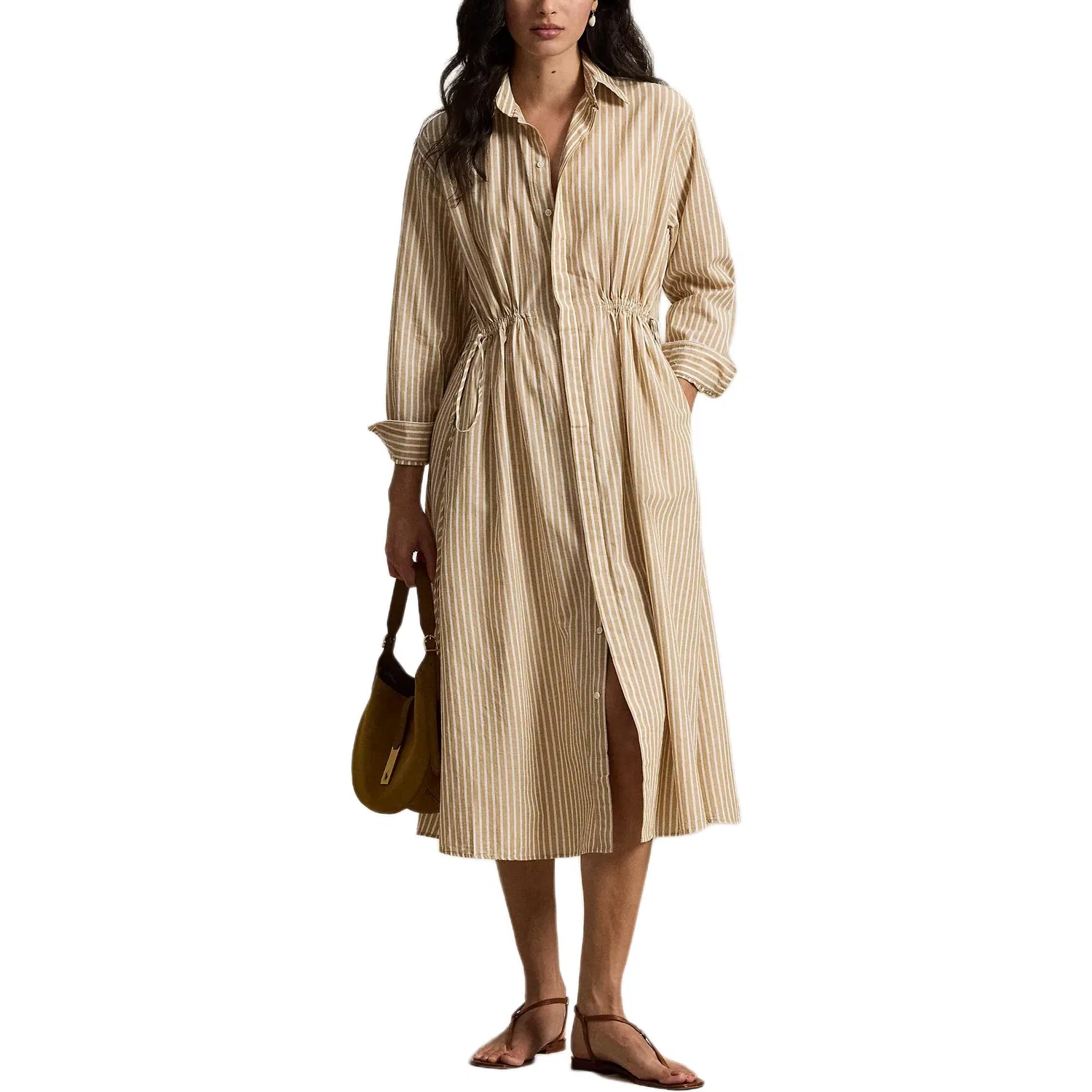 Платье-рубашка с полосками и воротником Polo Ralph Lauren Classic Camel & White — фото 3