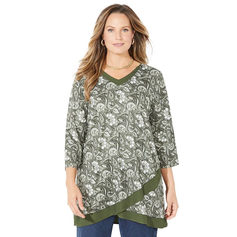 

Женский топ-дуэт с перекрестным подолом и кромкой размера плюс Catherines, цвет Olive Green Paisley
