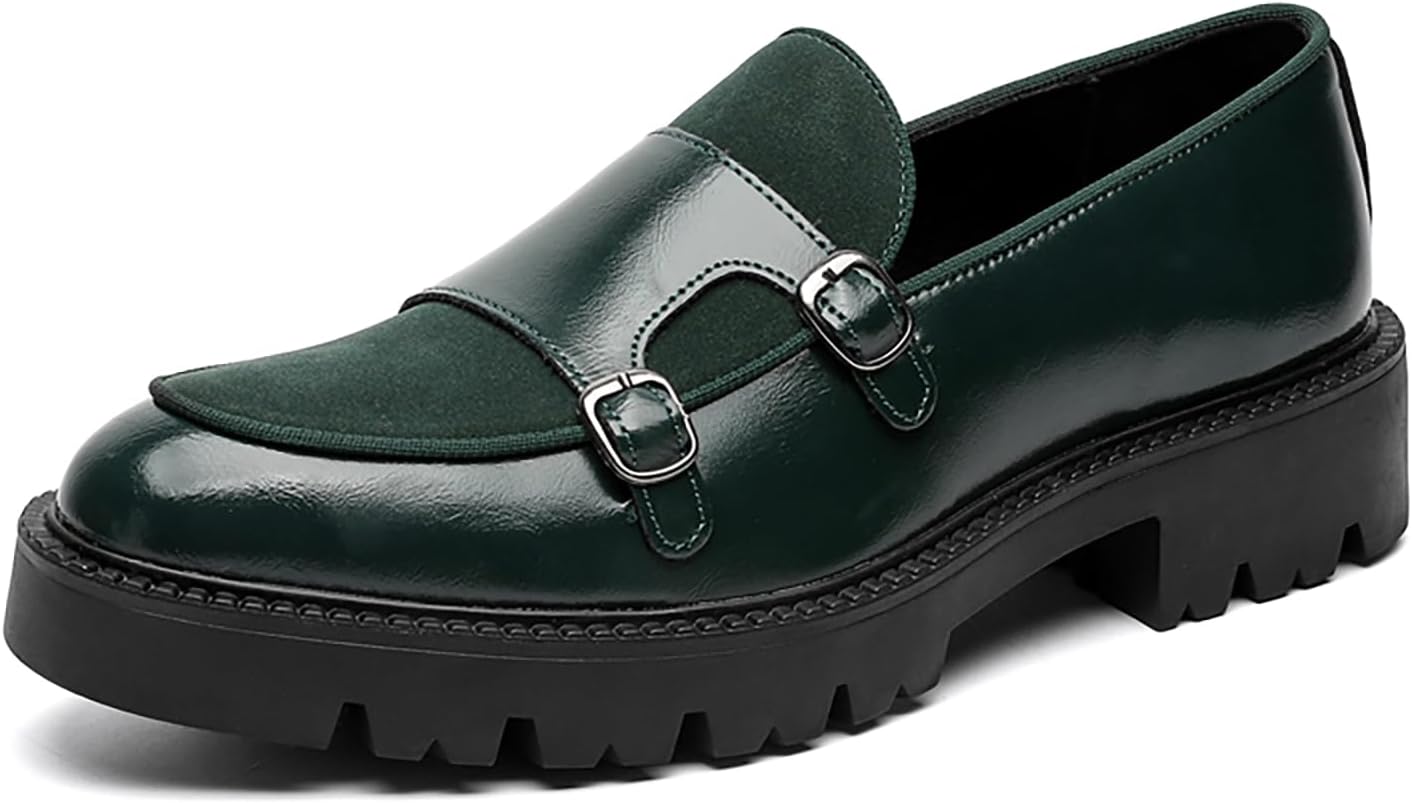 

Мужские кожаные лоферы на платформе с двойным ремешком-монахом, модные туфли низкого типа с рифленой подошвой, без шнурков, для вечеринок, делового и повседневного ношения Ryvz Tynx, зеленый