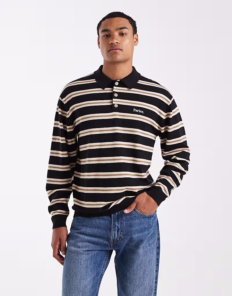

Трикотажное поло с длинными рукавами и логотипом в черно-коричневую полоску Parlez, Черный, Трикотажное поло с длинными рукавами и логотипом в черно-коричневую полоску Parlez