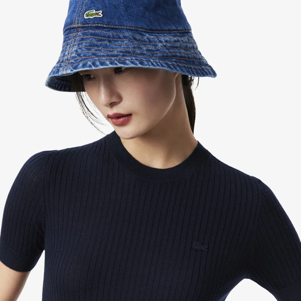 Свитер Lacoste женский полурукав, мериносовая шерсть, рубчик, тёмно-синий — фото 2