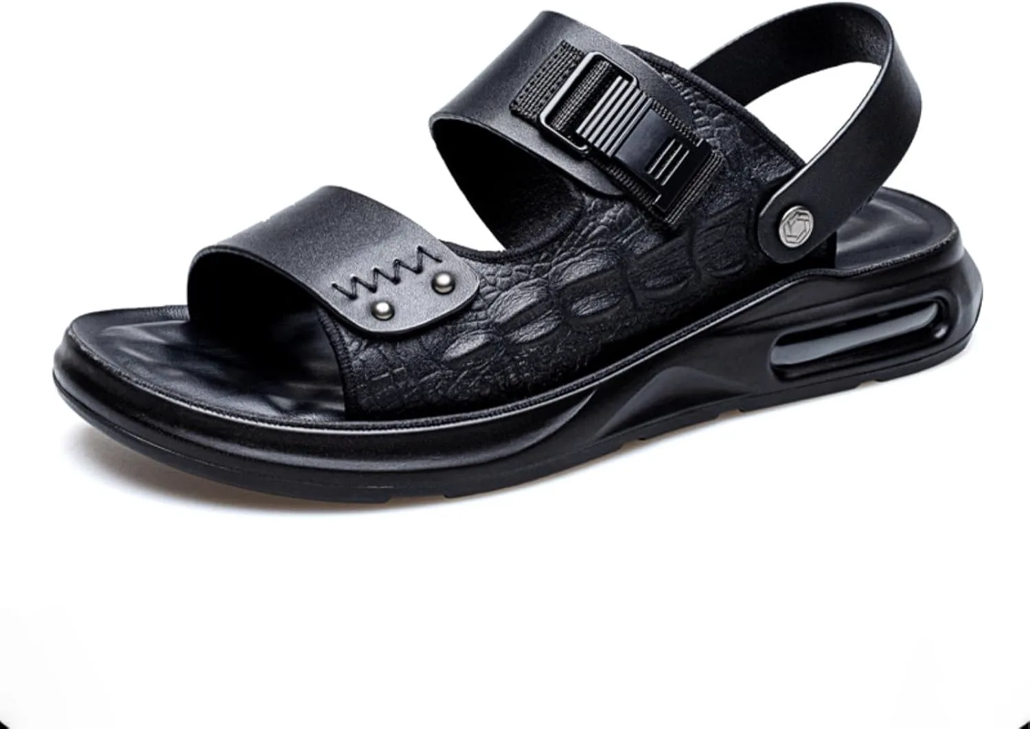 

Мужские сандалии XOEKD с воздушной подушкой, кожа с узором под крокодила, мягкая подошва, модные и противоскользящие, с открытым круглым носком и регулируемым ремешком на щиколотке, пляжные тапочки, подходят для прогулок на открытом воздухе, чер...