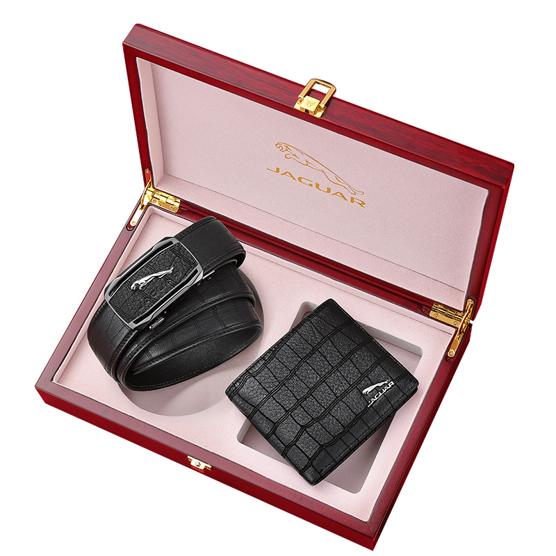 

JAGUAR Кожаный ремень мужской черный из оленьей кожи с кошельком, Black - deerskin belt + deerskin wallet set