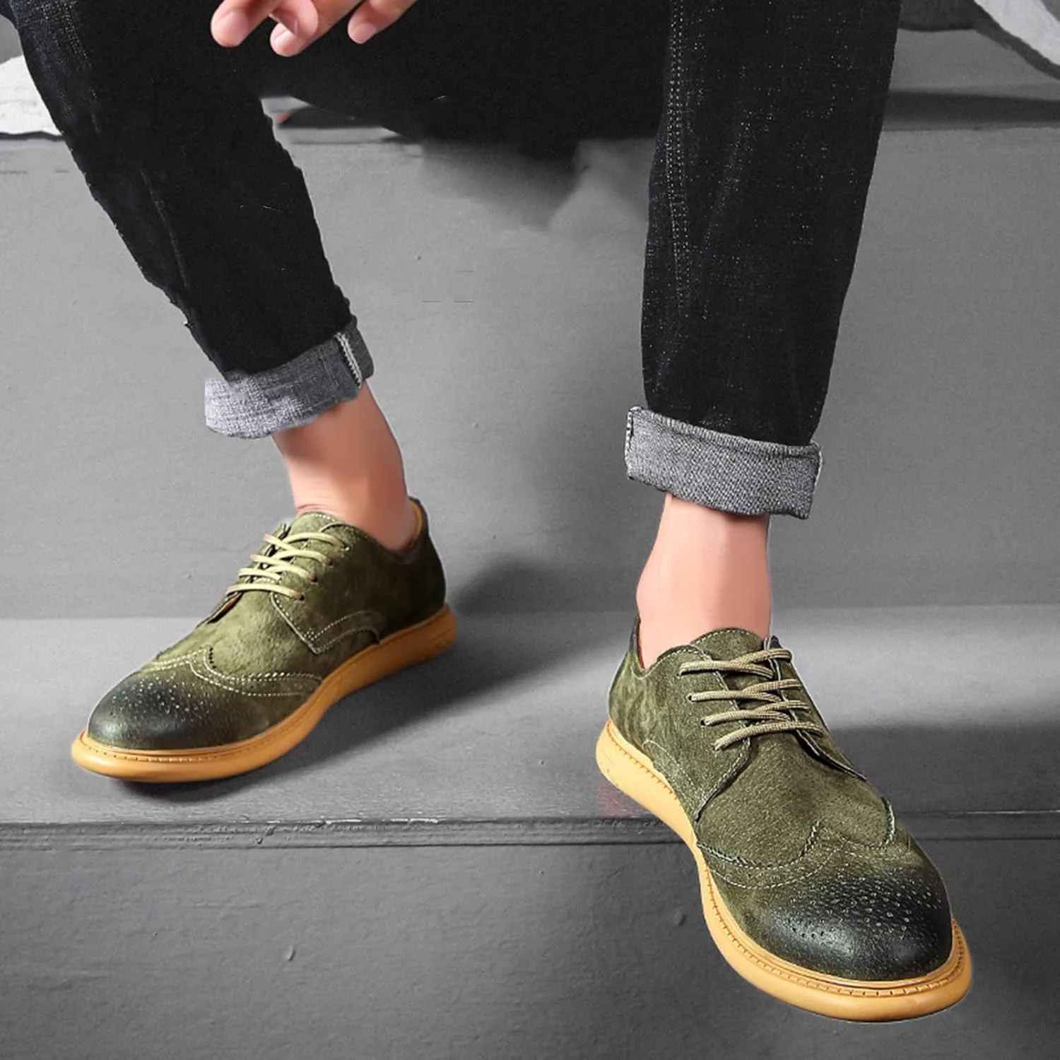 Мужские оксфорды с крыльями Brogue из замшевой кожи, модные туфли с резным рисунком, округлый носок, шнуровка, низкие деловые и повседневные туфли Derby GLBDU, зеленый — фото 4