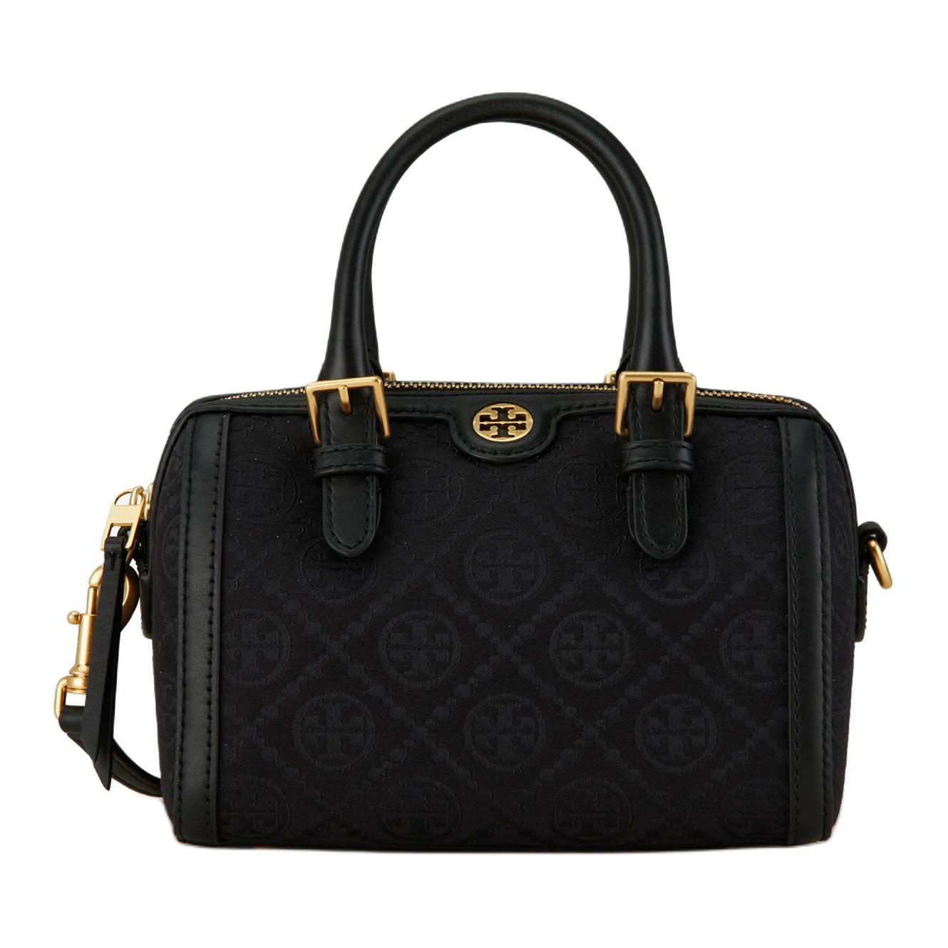 

Футболка с монограммой Т, бочкообразная сумка из ткани и кожи с аппликацией, маленький размер, женская черная TORY BURCH