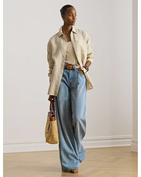 Свободная полосатая льняная рубашка Ralph Lauren, Tan — фото 2