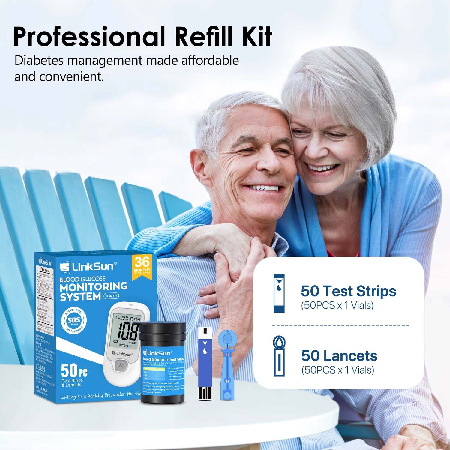 

Полный комплект глюкометра G-425 с 50 тест-полосками для контроля уровня сахара в крови при лечении диабета Eruule, белый