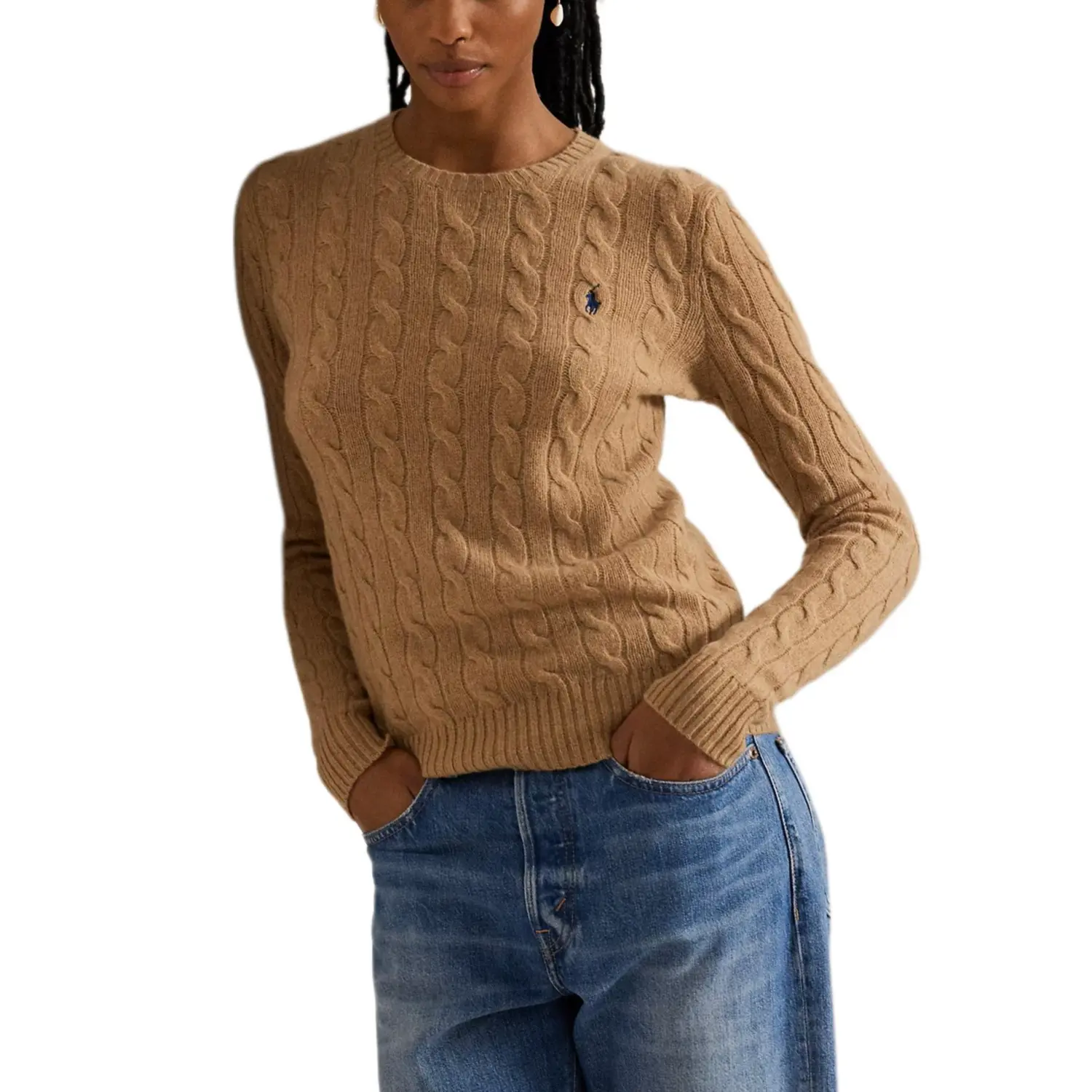 Вязаный свитер с вышитым логотипом и косами Polo Ralph Lauren, camel — фото 4