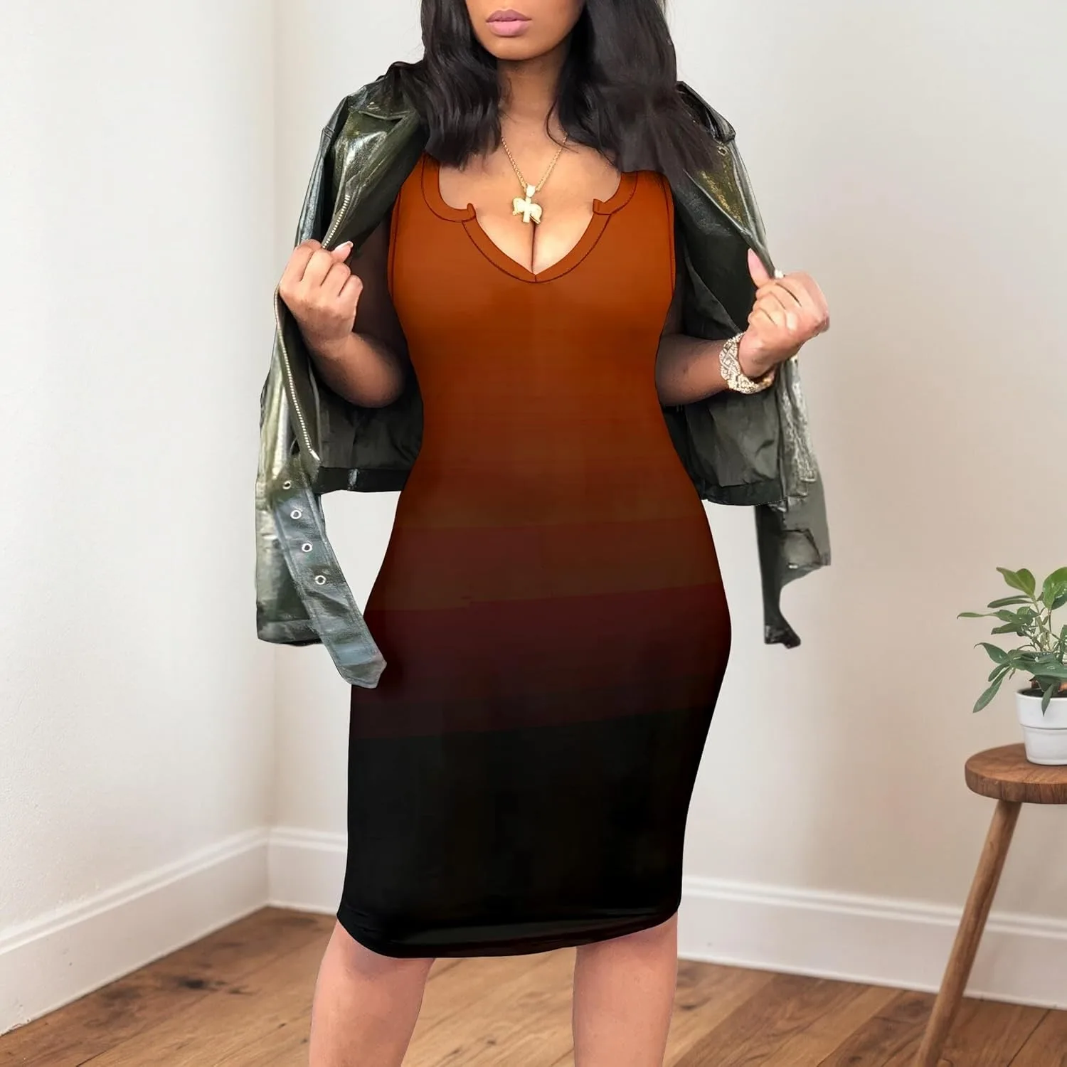 Летнее платье для женщин 2026 Sexy V-Neck Sleeveless Midi Dress Slim Fitted Bodycon Party Club Tank Generic, коричневый — фото 4
