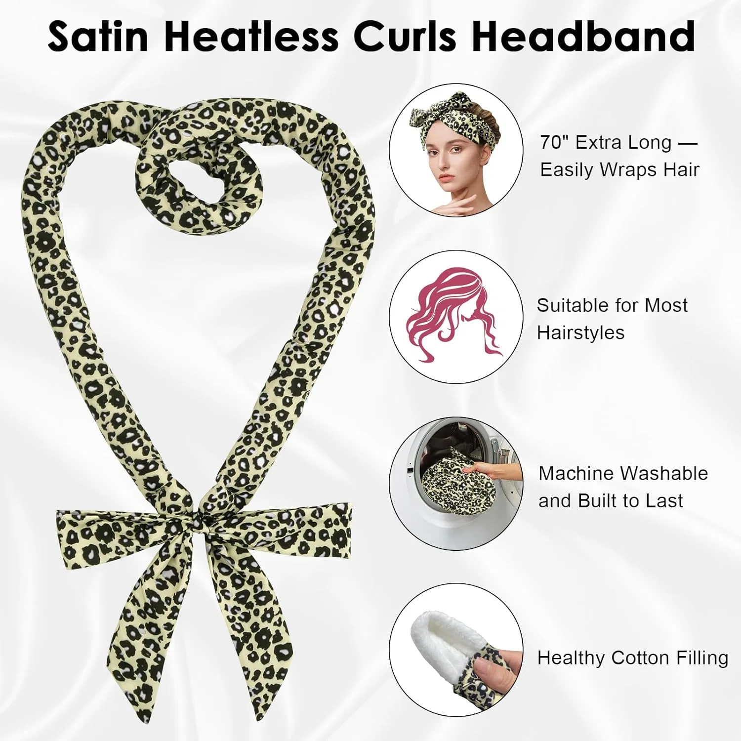 Набор атласных бигуди для завивки волос без нагрева Baolivi, White Leopard Print — фото 4