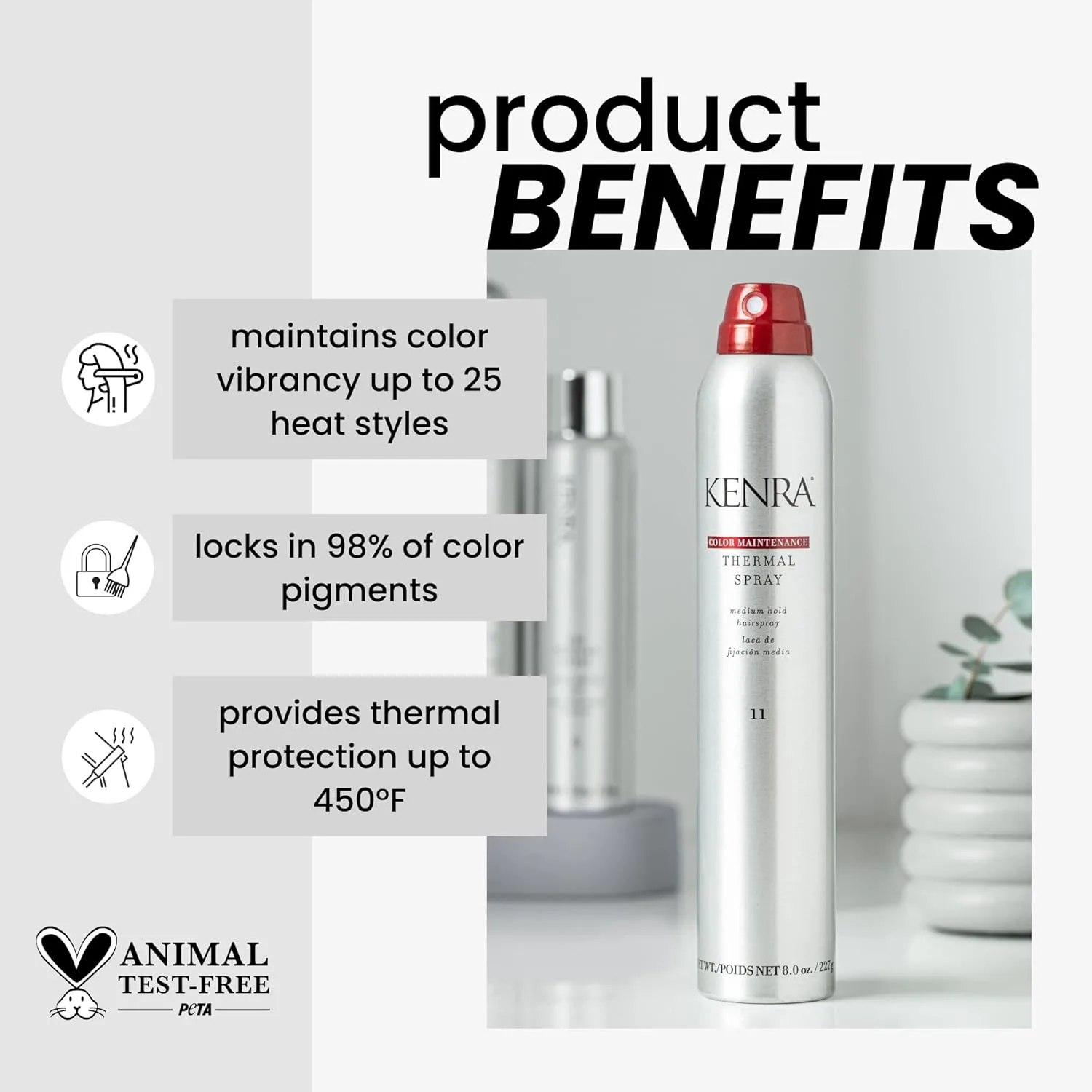 Kenra Color Maintenance Thermal Spray 11, термозащитный спрей для окрашенных волос, средняя фиксация, для всех типов волос 226.80 г (1 шт.) — фото 2