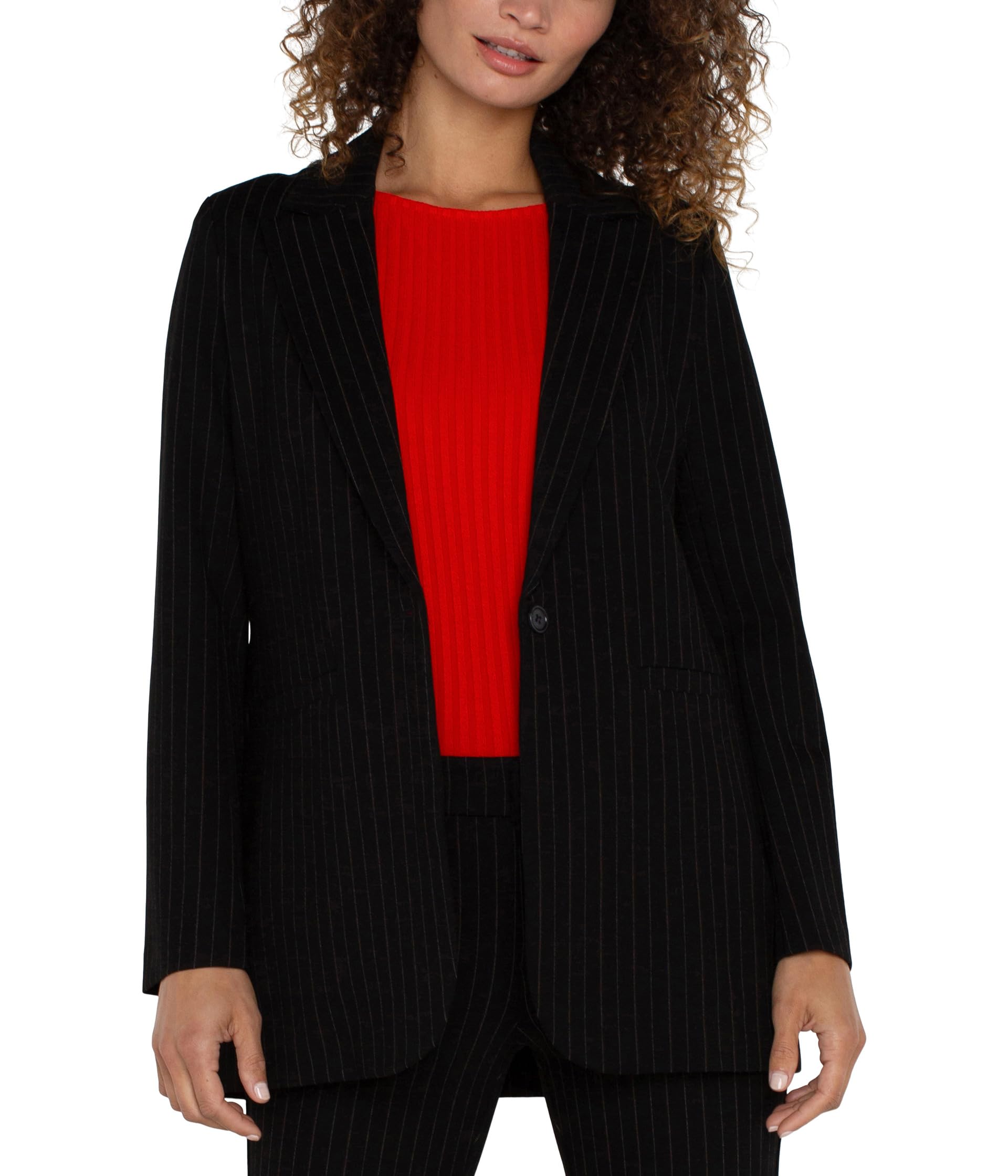 

Блейзер Liverpool Los Angeles Button Front Boyfriend Blazer Silky Soft Performance Denim, Black/White Pinstripe