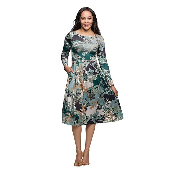 

Женское платье миди с длинным рукавом и принтом 24Seven Comfort Apparel, Green Multi