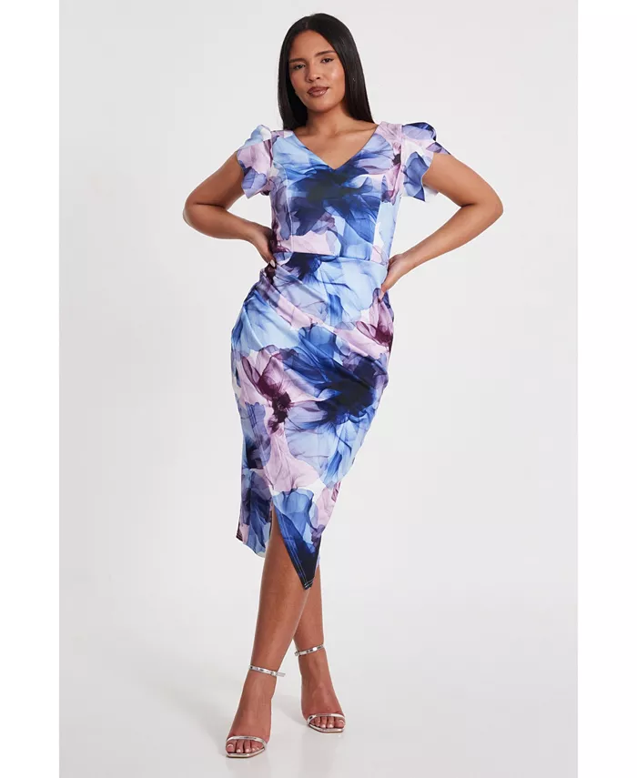 

Женское облегающее миди-платье Scuba с цветочным принтом и рукавами-колокольчиками QUIZ, синий