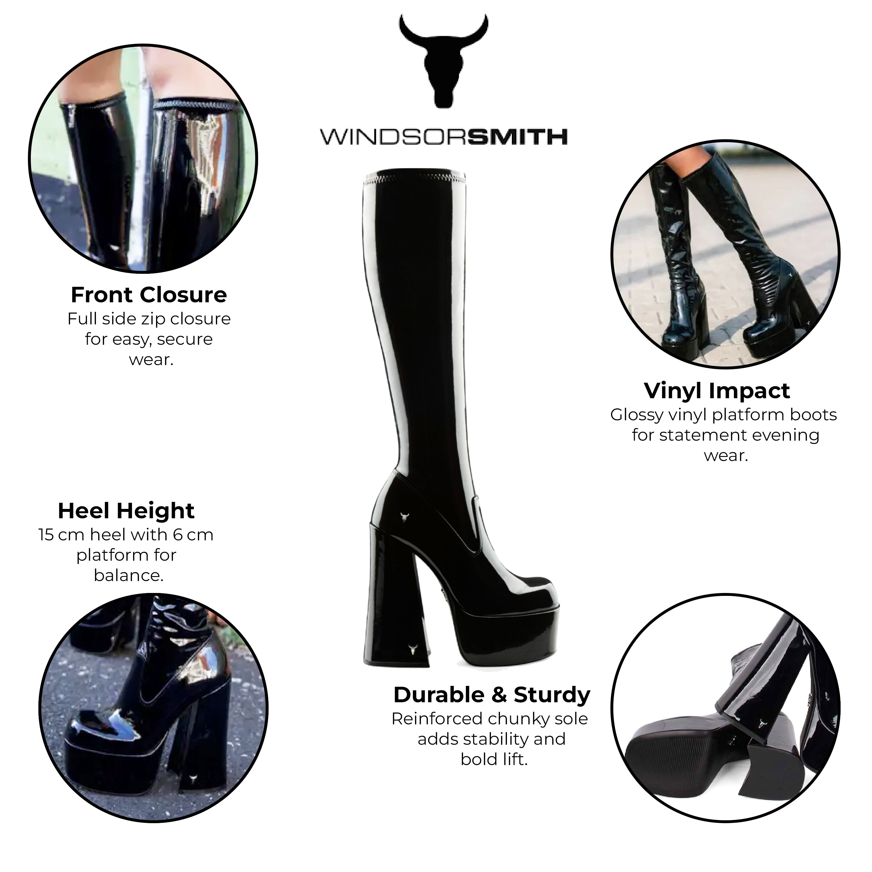 Windsorsmith Женские черные сапоги на платформе с готическим каблуком до колена - Saucy — фото 2